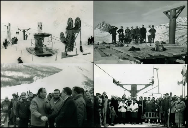 Telesilla del Furco, fotos de 1964 y 1965 en las que se puede ver la finalización de la plataforma superior, la inauguración y bendición de las instalaciones (5 de enero de 1965) y la visita del ministro Fraga.